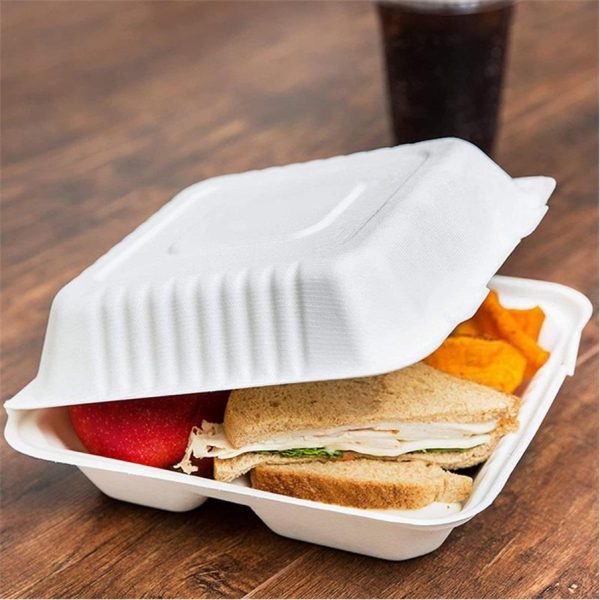 9"x9"x3" Sugarcane Bagasse Clamshell Conatiner 3 Compartment