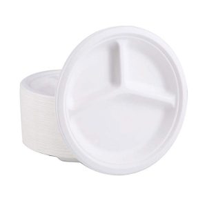 10”, 3 compartment round Biodegradable Sugarcane Plates - 500Pcs