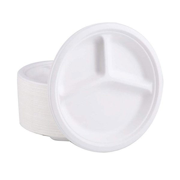 10”, 3 compartment round Biodegradable Sugarcane Plates - 500Pcs