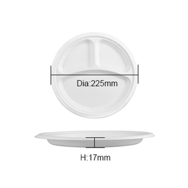 10”, 3 compartment round Biodegradable Sugarcane Plates - 500Pcs - Image 2