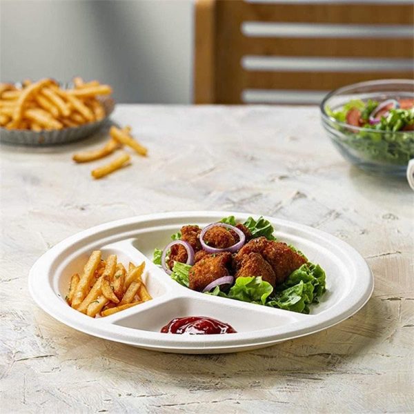 10”, 3 compartment round Biodegradable Sugarcane Plates - 500Pcs - Image 3