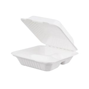 CCS8-1-3 | 8” 3 Compartment biodegradable sugarcane clamshell box - 200Pcs