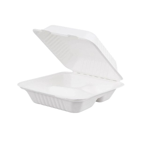 CCS8-1-3 | 8” 3 Compartment biodegradable sugarcane clamshell box - 200Pcs